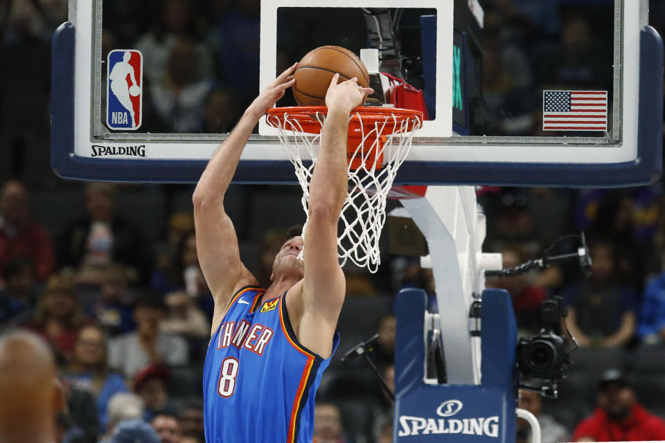 Oklahoma City Thunder forward Danilo Gallinari dunks during the first half of the team's NBA basketball game against the Minnesota Timberwolves on Friday, Dec. 6, 2019, in Oklahoma City. (AP Photo/Sue Ogrocki)