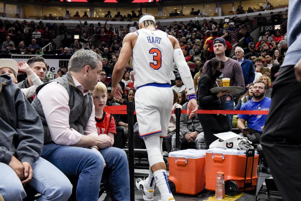 New York Knicks' Josh Hart (3) walks off the court after being ejected from the game against the Chicago Bulls during the first quarter of an NBA basketball game in Chicago, Friday, April 5, 2024. (AP Photo/Mark Black)