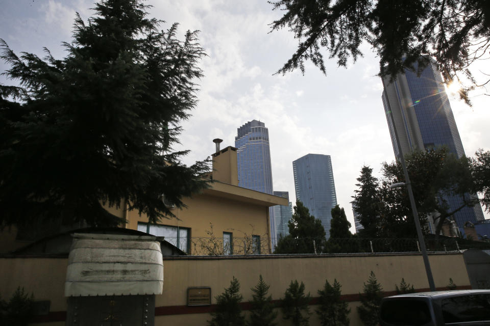 A view of Saudi Arabia's consulate in Istanbul, Saturday, Oct. 20, 2018. Turkey will "never allow a cover-up" of the killing of Saudi journalist Jamal Khashoggi in Saudi Arabia's consulate in Istanbul, a senior official in Turkey's ruling party said Saturday after Saudi Arabia announced hours earlier that the writer died during a "fistfight" in its consulate. (AP Photo/Lefteris Pitarakis)