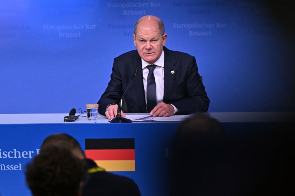 Germany's Chancellor Olaf Scholz speaks during a press conference at the end of a European Union summit at the EU headquarters in Brussels on Oct. 27, 2023. (John Thys/ AFP via Getty Images)