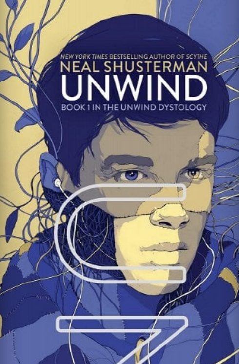 Book cover with title "Unwind" by Neal Shusterman, featuring a graphic illustration of a young person's face