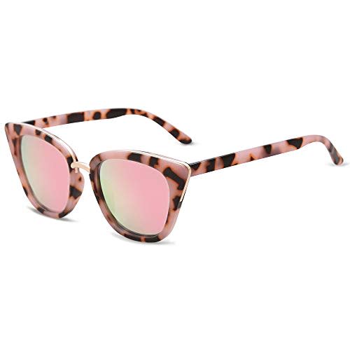 SOJOS Cat Eye Designer Sunglasses Fashion UV400 Protection Glasses SJ2052 with Pink Tortoise Frame/Pink Mirrored Lens