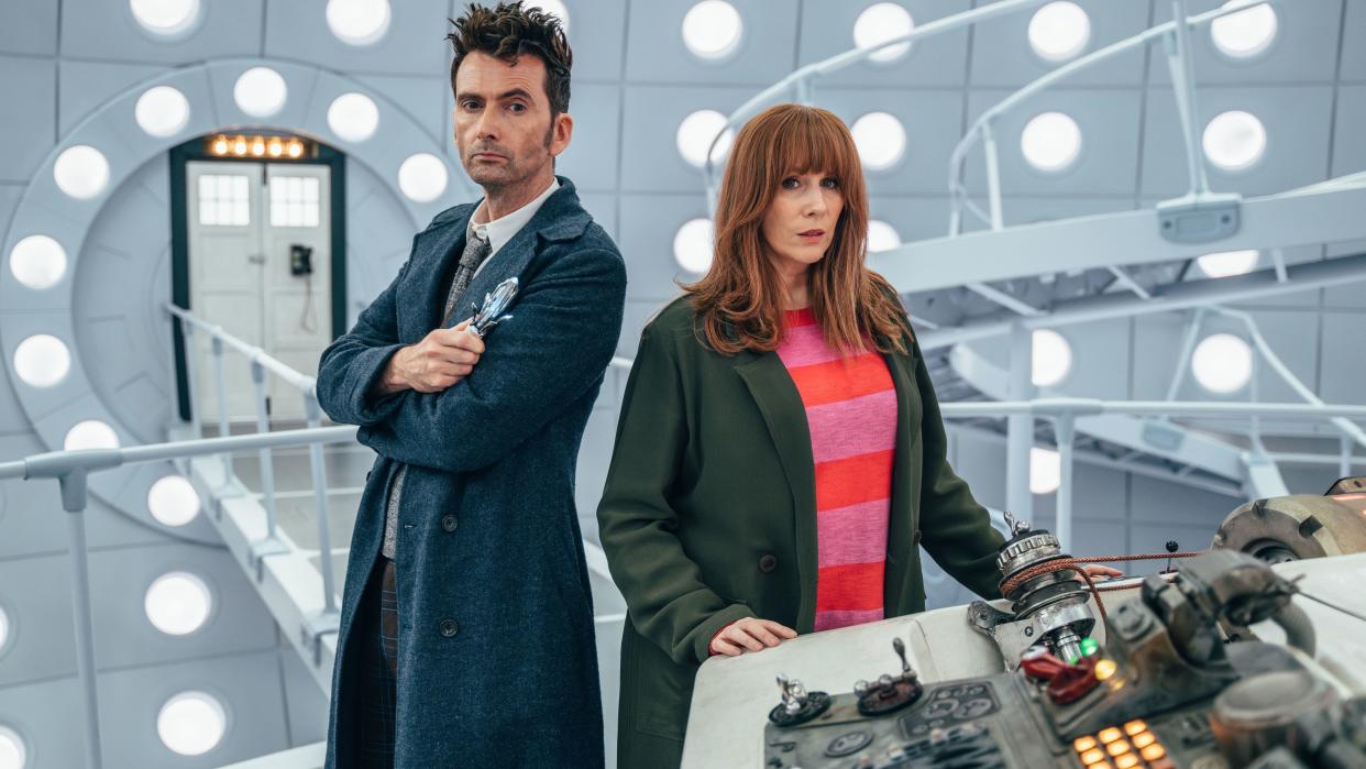  The 14th Doctor (David Tennant) and Donna Noble (Catherine Tate) inside the newly-revamped TARDIS in the Doctor Who 60th anniversary specials. 