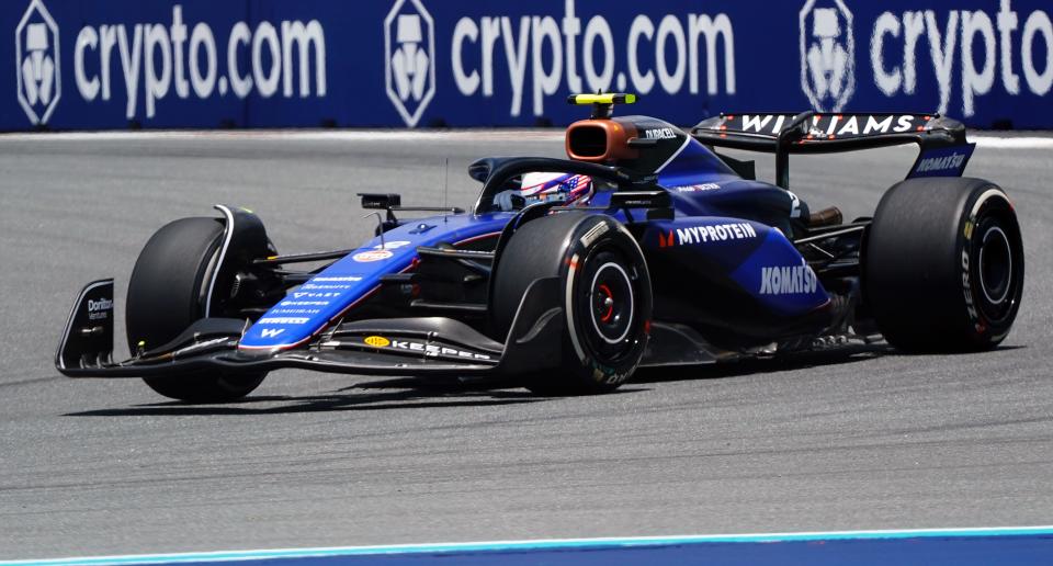 May 3, 2024; Miami Gardens, Florida, USA; Williams driver Logan Sargeant (2) races into turn one during F1 practice at Miami International Autodrome. Mandatory Credit: John David Mercer-USA TODAY Sports