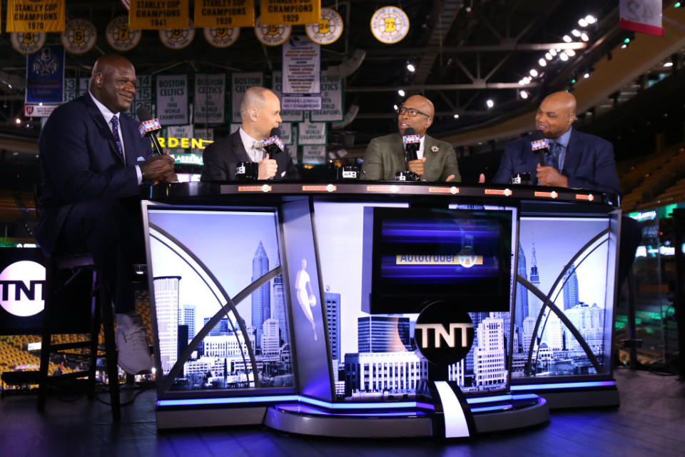 Shaquille O'Neal, Charles Barkley, Kenny Smith, and Ernie Johnson chat before Game 2 of the 2017 Eastern Conference Finals (Nathaniel S. Butler/NBAE/Getty Images)