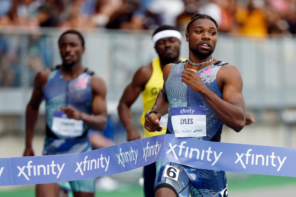 Noah Lyles reacts after winning the men's 200-meter run during the USATF NYC Grand Prix at Icahn Stadium in New York on June 24.