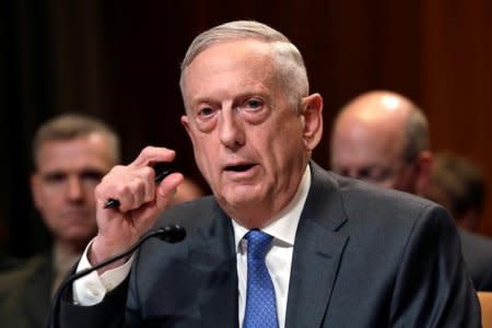 FILE PHOTO: U.S. Defense Secretary James Mattis testifies before the Senate Appropriations Defense Subcommittee hearing on funding for the Department of Defense, on Capitol Hill in Washington, U.S., May 9, 2018. REUTERS/Yuri Gripas