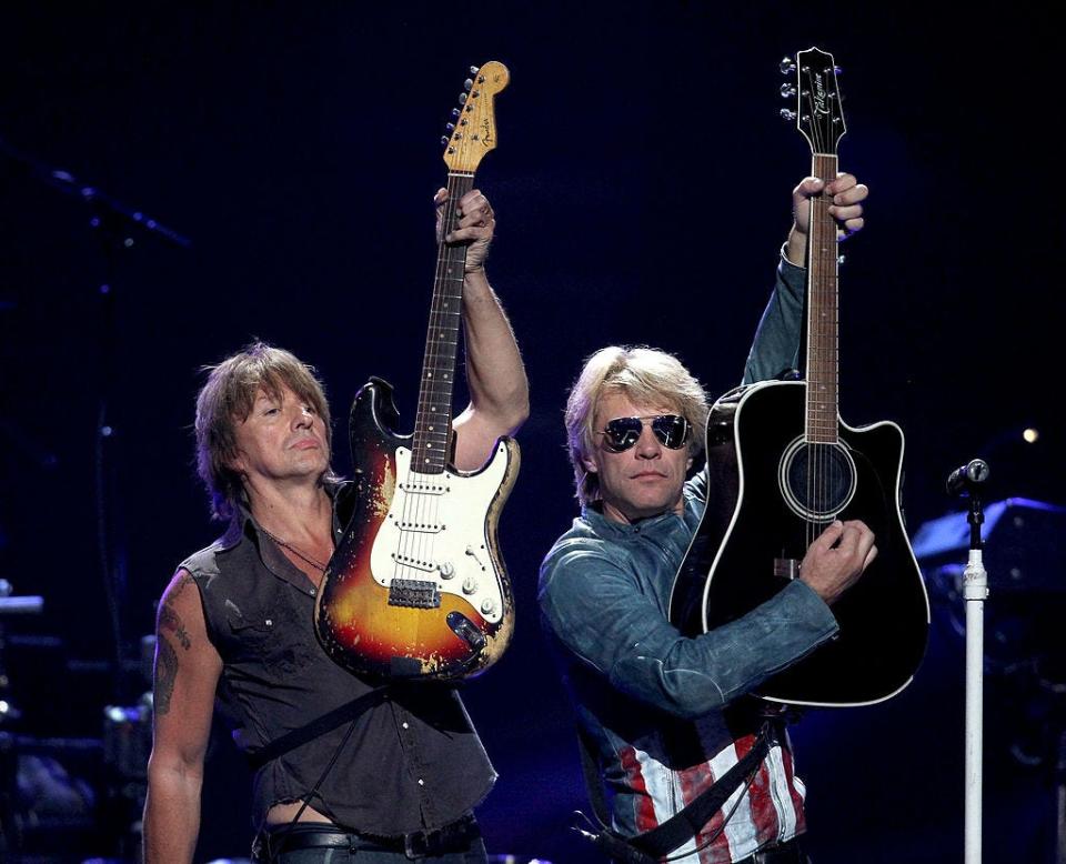 Richie Sambora (left) and Jon Bon Jovi perform during the 2012 iHeartRadio Music Festival at the MGM Grand Garden Arena in Las Vegas.