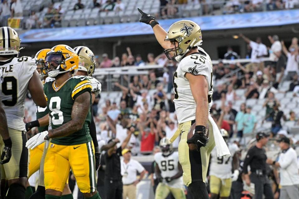 New Orleans Saints linebacker Kaden Elliss celebrates after recovering a fumble by Green Bay Packers quarterback Jordan Love during the second half of an NFL football game Sept. 12 in Jacksonville, Fla. Elliss is a former linebacker for the University of Idaho.