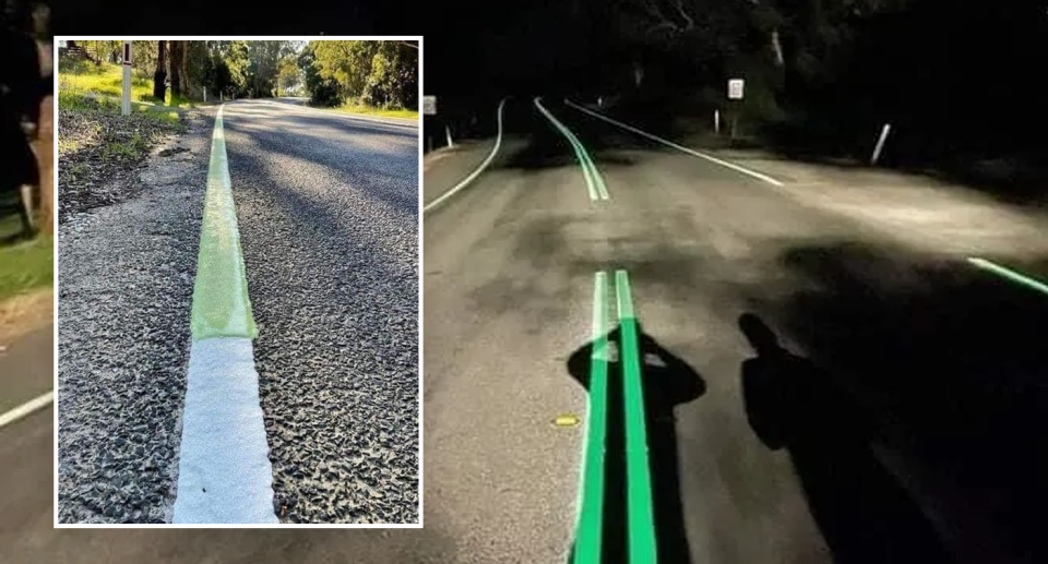 The road lines are seen using photoluminescence to emit light that has been absorbed during the day. As part of the trial, the line markings were added to a 1km section of Metong Road in the state's south-east. 