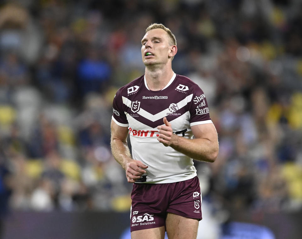 TOWNSVILLE, AUSTRALIA - JULY 06: Tom Trbojevic of the Sea Eagles runs during the round 18 NRL match between North Queensland Cowboys and Manly Sea Eagles at Qld Country Bank Stadium, on July 06, 2024, in Townsville, Australia. (Photo by Ian Hitchcock/Getty Images)