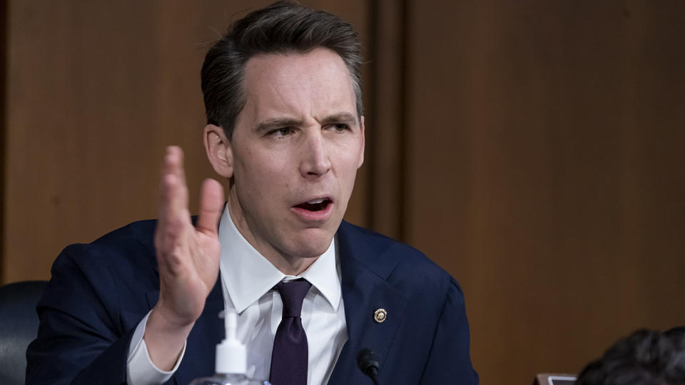 Sen. Josh Hawley, R-Mo., outlines his disapproval as the Senate Judiciary Committee begins debate on Ketanji Brown Jackson's nomination for the Supreme Court, on Capitol Hill in Washington, Monday, April 4, 2022. (J. Scott Applewhite/AP)