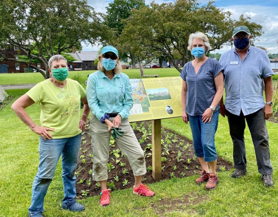 Volunteers help plant Celia Thaxter’s garden at Prescott Park for the public to enjoy this summer. From left to right: Marie Nickerson, Deborah Twombly, Janis Kreiger, and Garden Steward, Terry Cook.