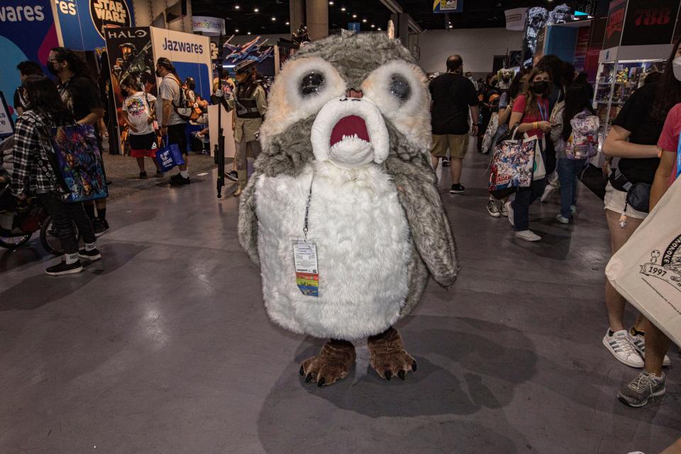 Star Wars cosplayer Andrea Seale as a Porg walks the convention floor at 2022 Comic-Con International Day 3 at San Diego Convention Center on July 23, 2022 in San Diego, California. (Photo by