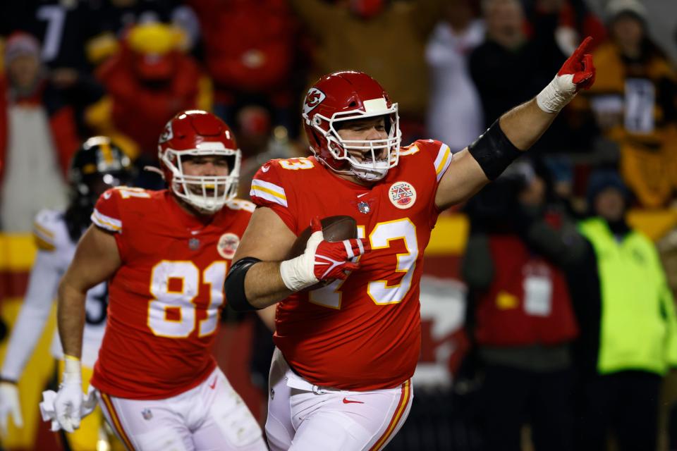 Kansas City Chiefs guard Nick Allegretti (73) celebrates after catching a 1-yard touchdown pass during the second half of an NFL wild-card playoff football game against the Pittsburgh Steelers, Sunday, Jan. 16, 2022, in Kansas City, Mo. (AP Photo/Colin E. Braley)