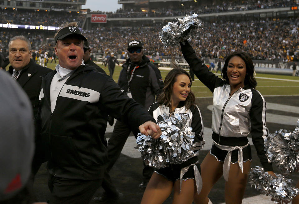 Raiders head coach Jon Gruden was in a good mood after beating the Steelers on Sunday in Oakland. (AP)