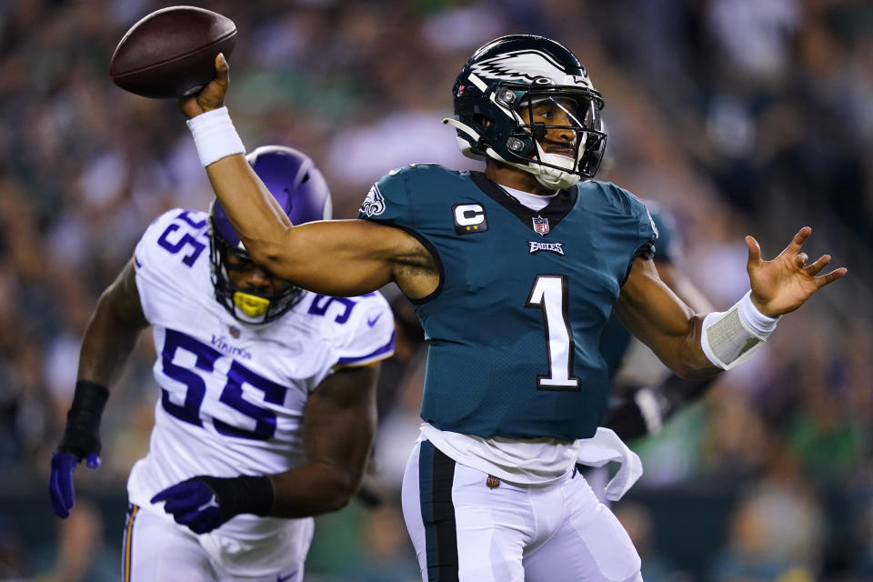 Philadelphia Eagles quarterback Jalen Hurts was fantastic against the Vikings in Week 2. (AP Photo/Matt Slocum)