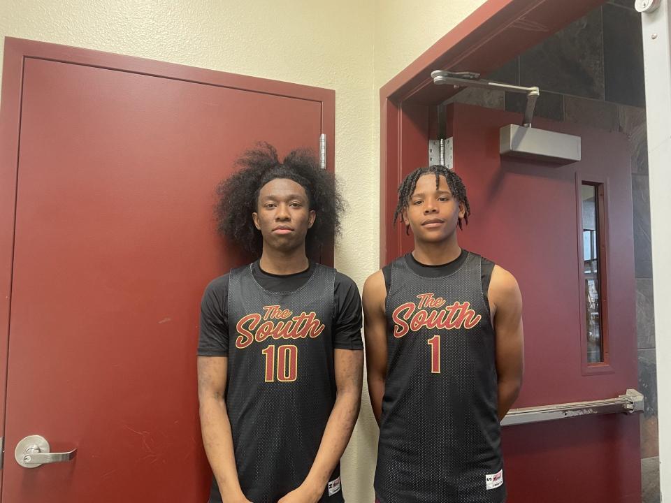 Daeleon Neal (left) and Elijah Duncan (right) of Edison basketball poses for a photo after a game at Edison High School for the Modesto Christian Summer Classic