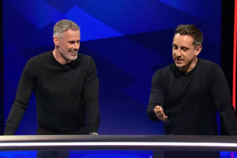 Jamie Carragher was left laughing after Gary Neville suggested there was a "touch of offisde" about Liverpool's second goal