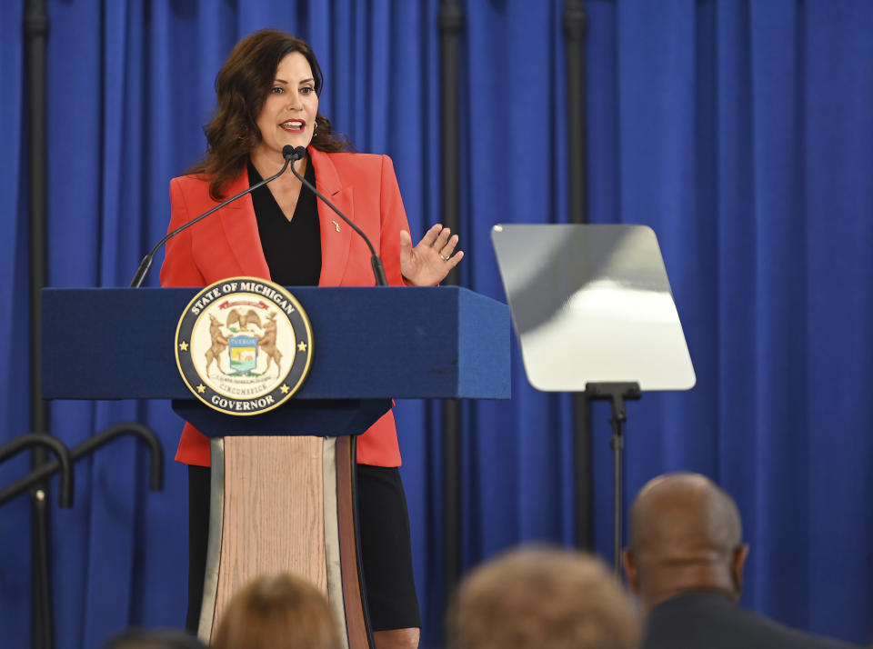Gov. Gretchen Whitmer presents her fall legislative agenda and highlights on what she wants to archive in a special speech at the Lansing Shuffle for a bipartisan group of lawmakers from Michigan Senate & House of Representatives. Wednesday, Aug. 30, 2023, Lansing, Mich. (Clarence Tabb Jr./Detroit News via AP)