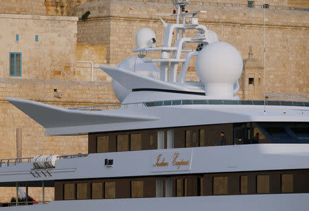 A crew member walks along the deck of the super yacht Indian Empress, owned by fugitive Indian businessman Vijay Mallya, in Valletta's Grand Harbour, Malta, December 9, 2016. REUTERS/Darrin Zammit Lupi