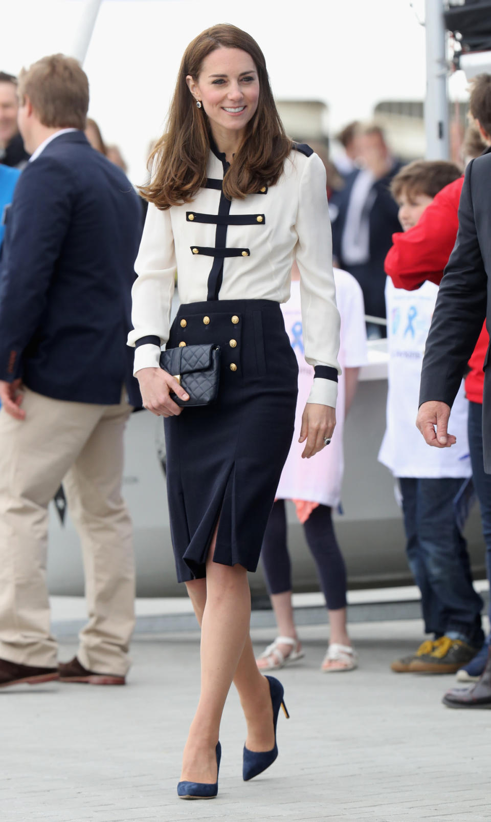 The Duchess of Cambridge in a nautical-themed ensemble from Alexander McQueen. 