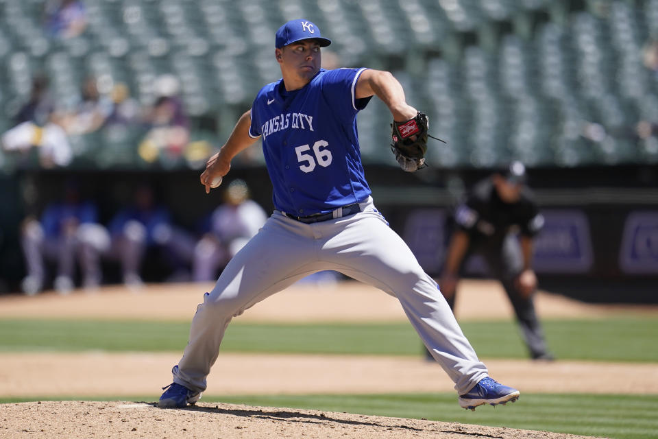 Kansas City Royals' Brad Keller pitches against the Oakland Athletics during the fifth inning of a baseball game in Oakland, Calif., Saturday, June 18, 2022. (AP Photo/Jeff Chiu)