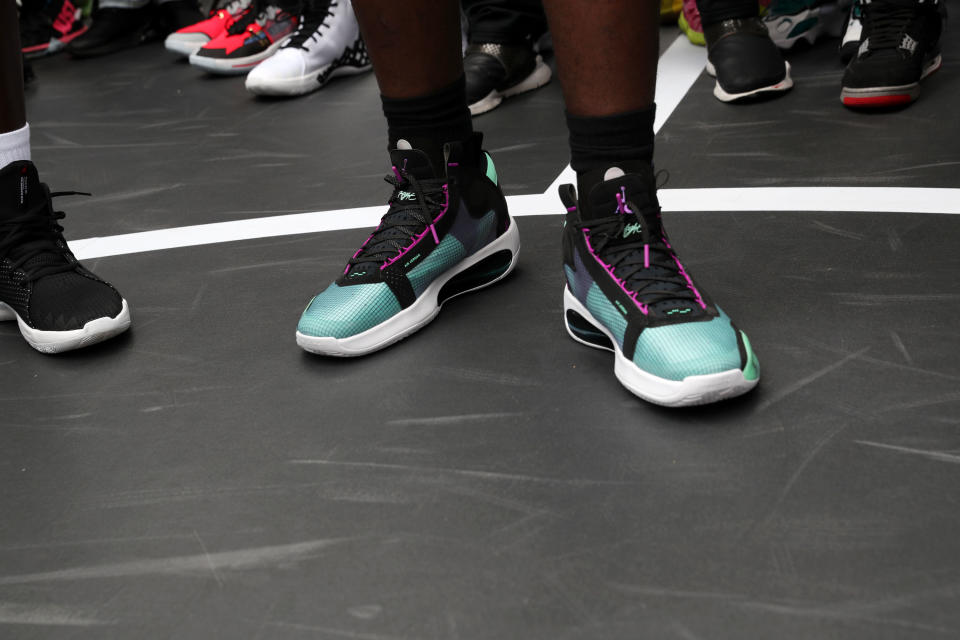 NEW YORK, NEW YORK - SEPTEMBER 07: A view the Air Jordan 34 worn by Zion Williamson at the Jordan Brand launch of the Air Jordan 34 in Harlem on September 07, 2019 in New York City. (Photo by Johnny Nunez/WireImage)