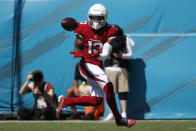 Arizona Cardinals wide receiver Christian Kirk (13) makes a reception against the Jacksonville Jaguars during the second half of an NFL football game, Sunday, Sept. 26, 2021, in Jacksonville, Fla. (AP Photo/Stephen B. Morton)