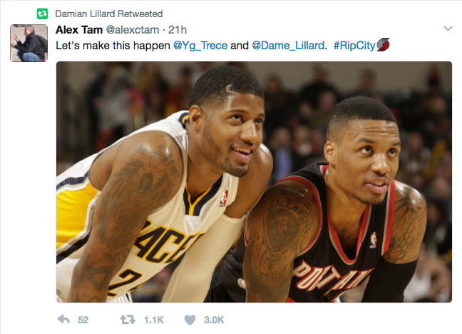 Damian Lillard seconded this fan's suggestion that the Blazers go after Paul George. (Twitter)