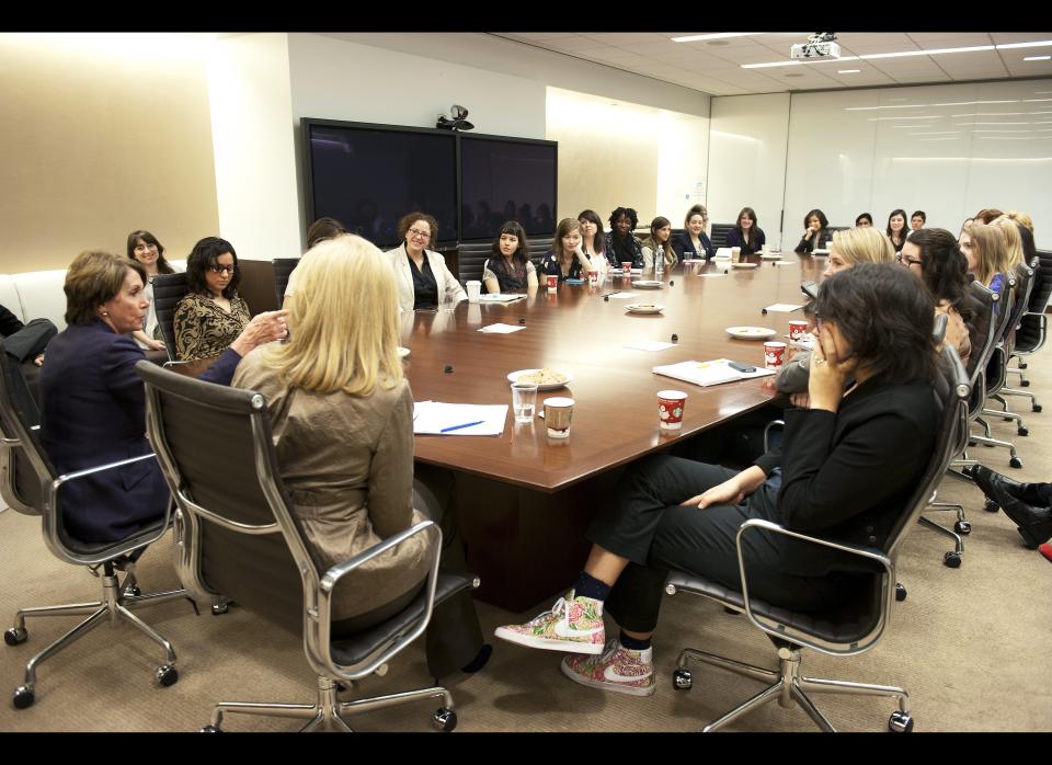 Nancy Pelosi meets with the AOL Huffington Post Media Group and it's editor-in-chief Arianna Huffington at the AOL Headquarters in New York Thursday Nov. 10, 2011. (Damon Dahlen, AOL)