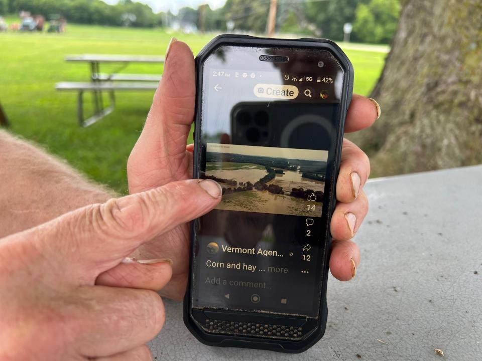 Normand Thibault points to drone footage of his crops being flooded in a social media post from the VT Agency of Agriculture. Drone footage available here https://twitter.com/VTAgencyofAg/status/1678883687398506497.