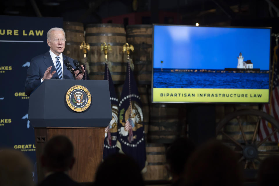 President Joe Biden speaks the about the long-delayed cleanup of Great Lakes harbors and tributaries polluted with industrial toxins at the Shipyards, Thursday, Feb. 17, 2022, in Lorain, Ohio. Cleanup will accelerate dramatically with a $1 billion boost from Biden's infrastructure plan. (AP Photo/Ken Blaze)