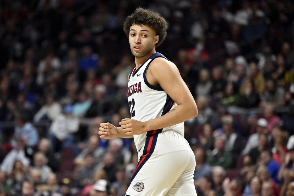 Gonzaga forward Anton Watson runs down court during the second half of an NCAA college basketball game against San Francisco in the semifinals of the West Coast Conference men's tournament Monday, March 6, 2023, in Las Vegas. (AP Photo/David Becker)