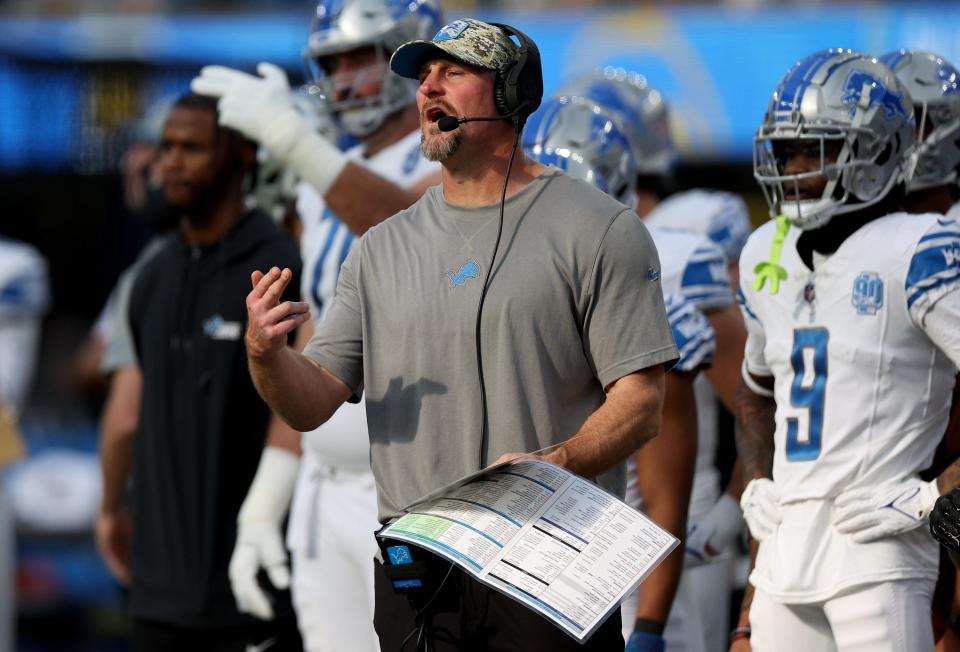 Detroit Lions head coach Dan Campbell calls a play during the second quarter against the Los Angeles Chargers at SoFi Stadium on November 12, 2023 in Inglewood, California.