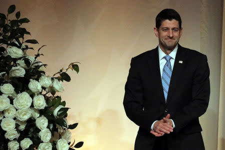 Speaker of the House Paul Ryan (R-WI) arrives to introduce U.S. President Donald Trump at the National Republican Congressional Committee March Dinner in Washington, U.S., March 21, 2017. REUTERS/Carlos Barria