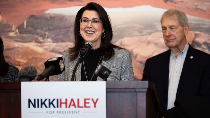 Utah Lt. Gov. Deidre Henderson announces her endorsement of Republican presidential candidate Nikki Haley along with state lawmakers, business leaders and community members at the Utah state Capitol in Salt Lake City on Thursday, Jan. 11, 2024.