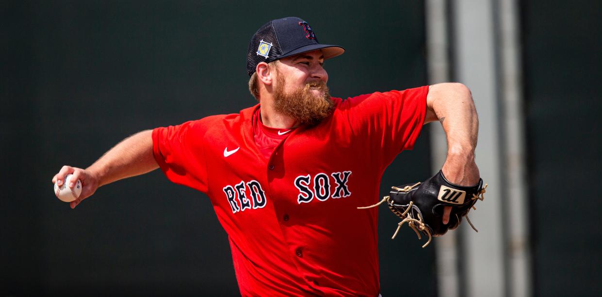 Josh Winckowski, a pitcher for the Boston Red Sox takes part in spring training drills at JetBlue Park in Fort Myers on Wednesday, March 16, 2022. He is a played at Estero High School and FGCU.  