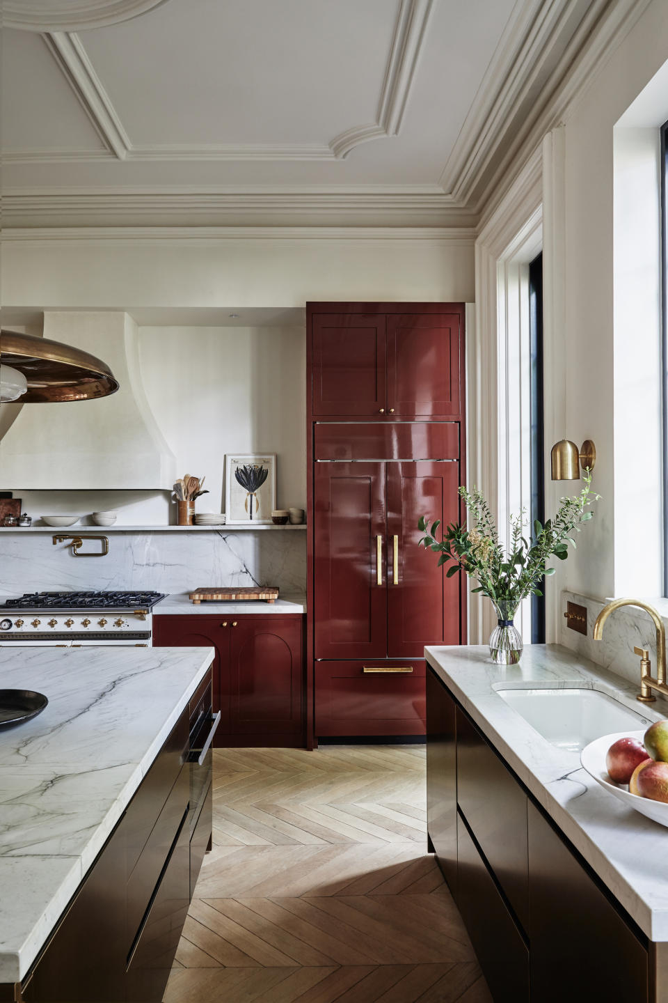 A red cabinet painted in lacquer paint