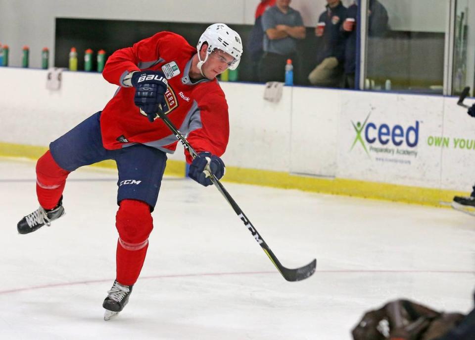 Florida Panthers prospect Cole Krygier (65) at the Florida Panthers Development Camp in Coral Springs, Florida, June 27, 2018.