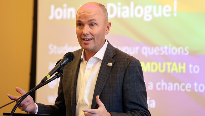 Gov. Spencer Cox speaks during a panel discussion about tolerance hosted by Cox and leaders of Tolerance Means Dialogues at the Utah Capitol in Salt Lake City on Oct. 30, 2023.