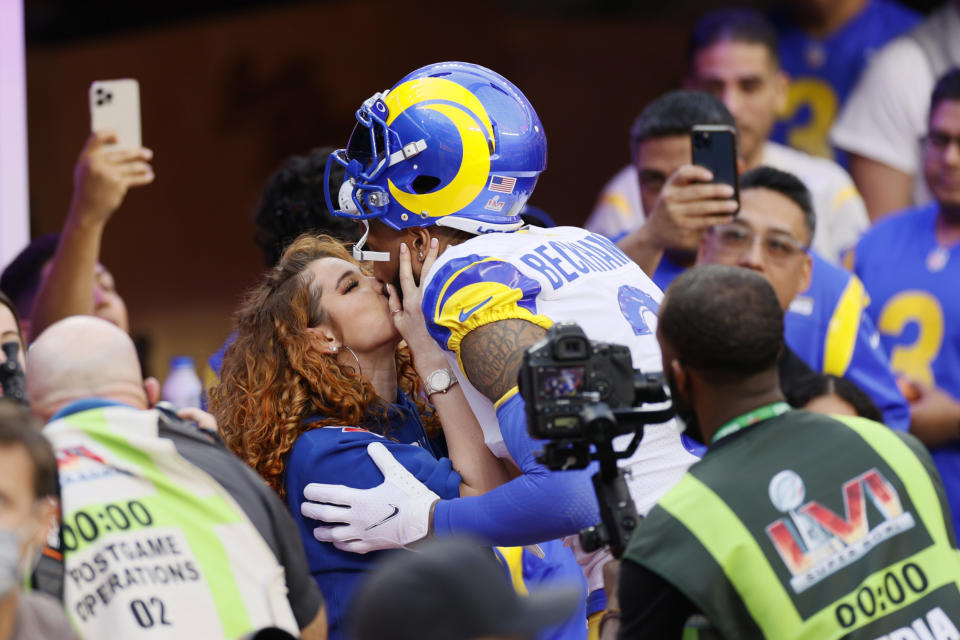 Odell Beckham Jr. #3 of the Los Angeles Rams reacts with his girlfriend Lauren Wood at Super Bowl LVI between the Cincinnati Bengals and the Los Angeles Rams at SoFi Stadium on Feb. 13, 2022 in Inglewood, Calif. - Credit: Steph Chambers/Getty Images