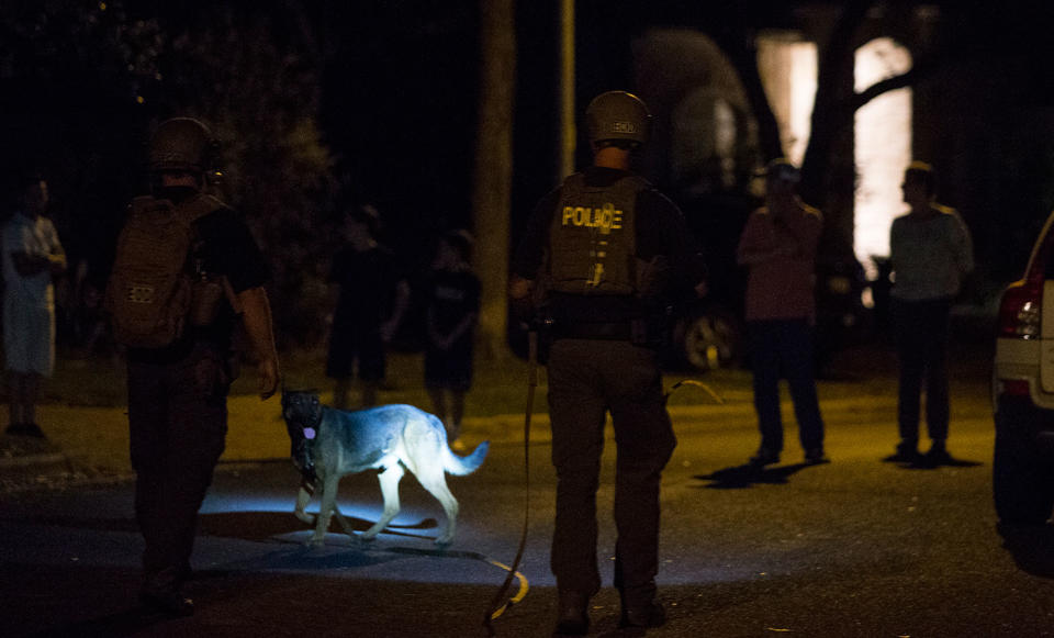 <p>A bomb detecting unit walks along a street near the scene of an explosion, Sunday, March 18, 2018, in Austin, Texas. (Photo: Nick Wagner/Austin American-Statesman via AP) </p>