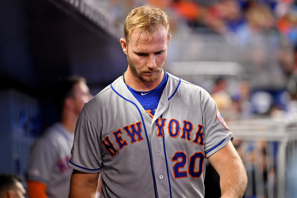 Jul 14, 2019; Miami, FL, USA; New York Mets first baseman Pete Alonso (20) walks through the dugout after striking out in the sixth inning against the Miami Marlins at Marlins Park. Mandatory Credit: Jasen Vinlove-USA TODAY Sports