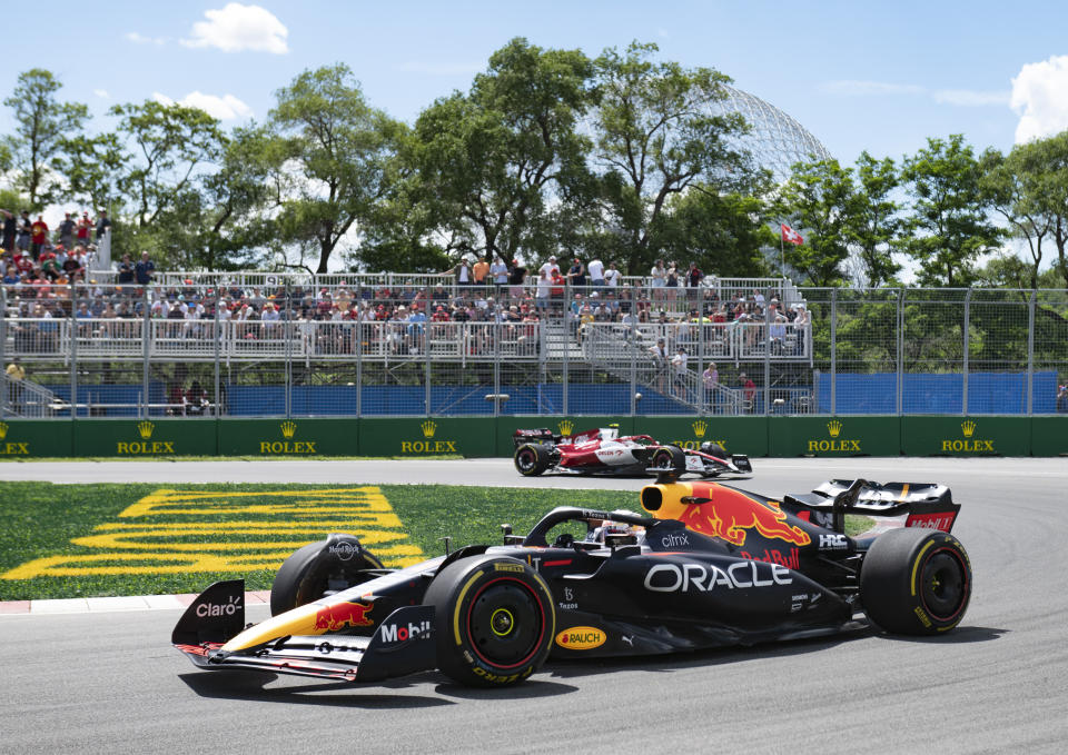 Red Bull Racing driver Max Verstappen, of the Netherlands, drives out of a hairpin during the first practice session at the Formula One Canadian Grand Prix auto race in Montreal, Friday, June 17, 2022. (Jacques Boissinot/The Canadian Press via AP)