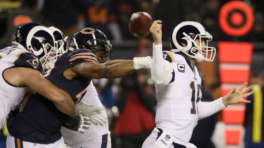 CHICAGO, IL - DECEMBER 09: Quarterback Jared Goff #16 of the Los Angeles Rams gets the football stripped by Khalil Mack #52 of the Chicago Bears in the third quarter at Soldier Field on December 9, 2018 in Chicago, Illinois. (Photo by Jonathan Daniel/Getty Images) ** OUTS - ELSENT, FPG, CM - OUTS * NM, PH, VA if sourced by CT, LA or MoD **