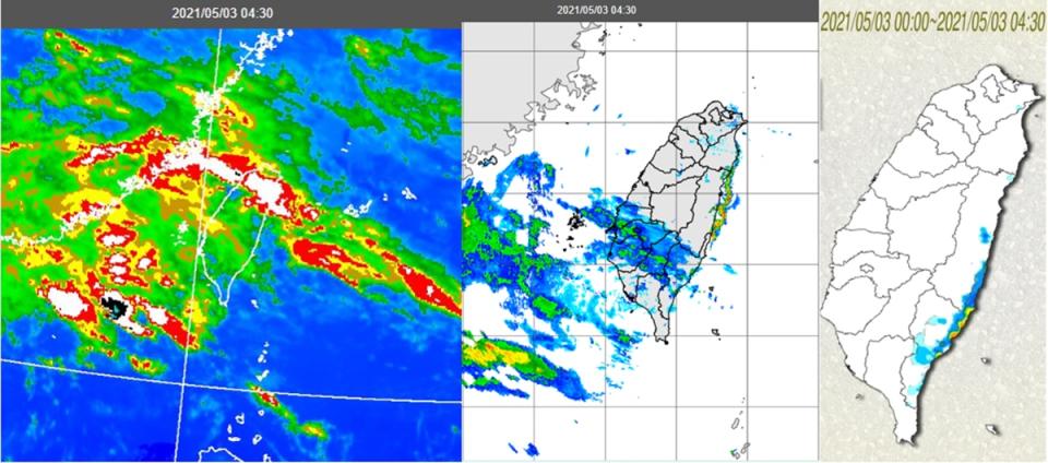 今晨紅外線色調強化雲圖顯示，台灣上空中高雲增多（左）；伴隨微弱的回波，花東沿海另有「陸風」形成的強回波（中圖）；花東沿海有較大降雨（右圖）。