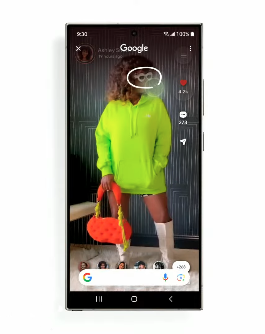 In this screenshot, circling the sunglasses, bag or boots starts a Google search.