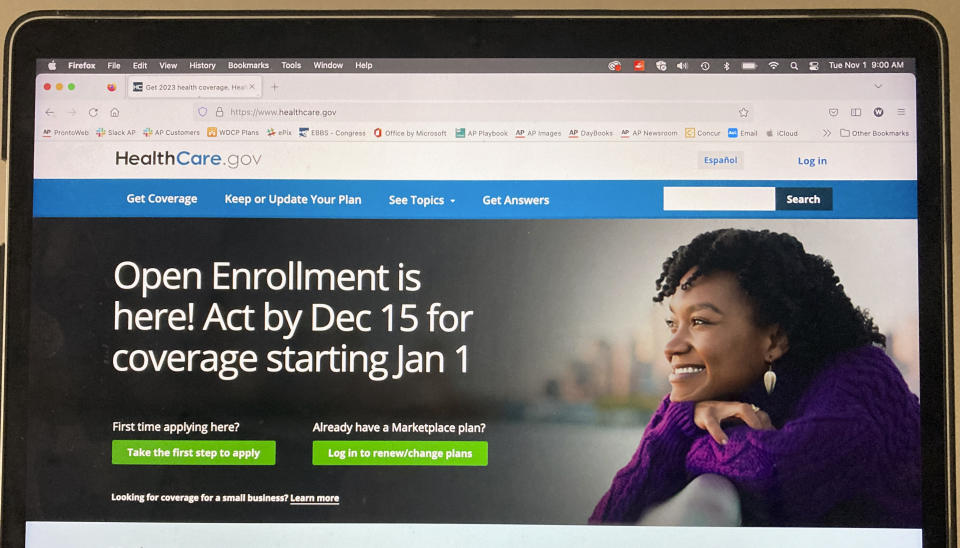 FILE - The healthcare.gov website is seen on Nov. 1, 2022 in Washington. The Biden administration says it’s seeing a big uptick in the number of new customers buying private health insurance for 2023 from the Affordable Care Act’s marketplace. (AP Photo, File)