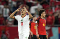 Morocco's Abdelhamid Sabiri celebrates after scoring the opening goal during a World Cup group F soccer match at the Al Thumama Stadium in Doha, Qatar, Sunday, Nov. 27, 2022. (AP Photo/Alessandra Tarantino)